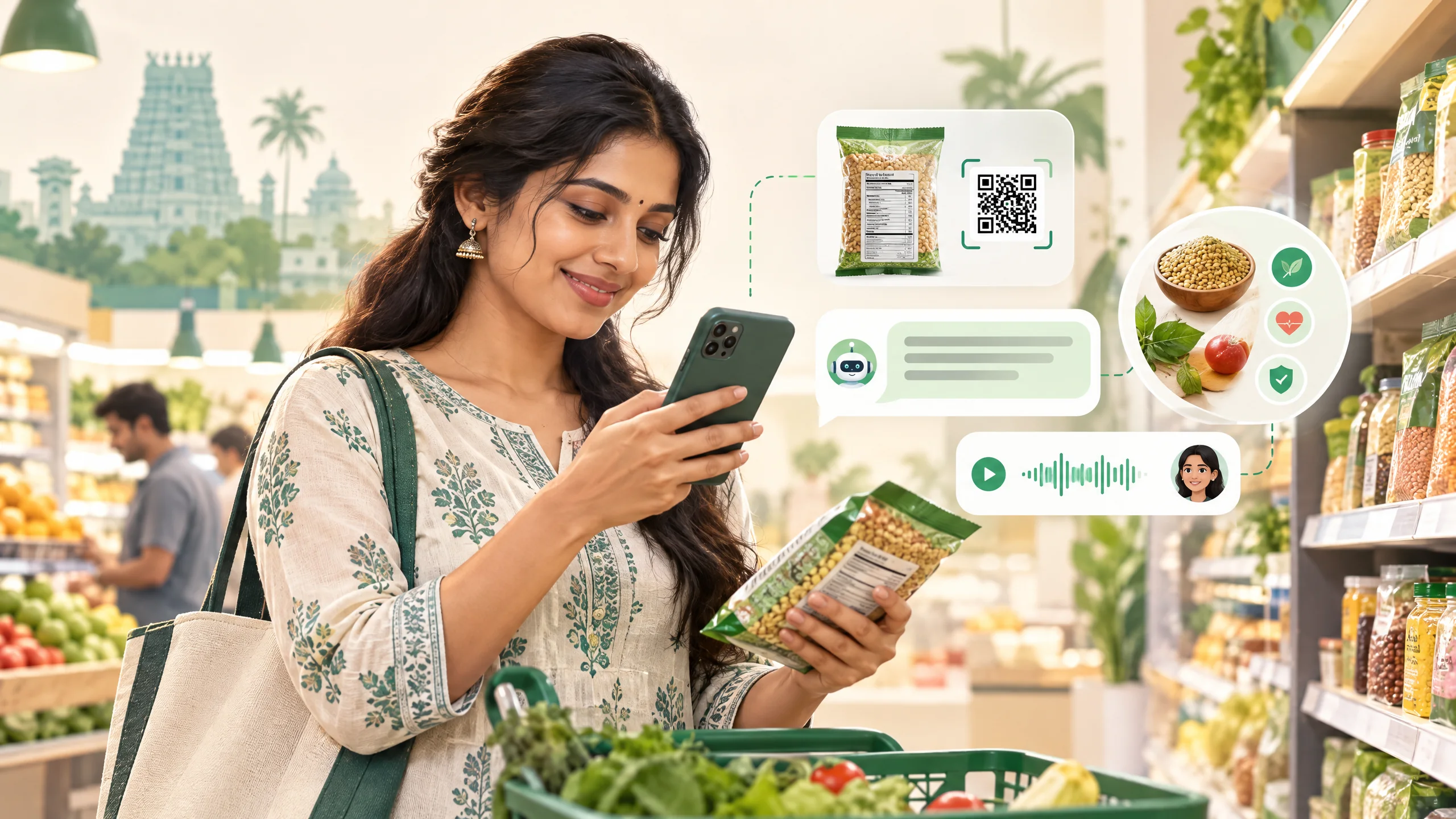 A shopper uses her phone to understand packaged-food information in Tamil