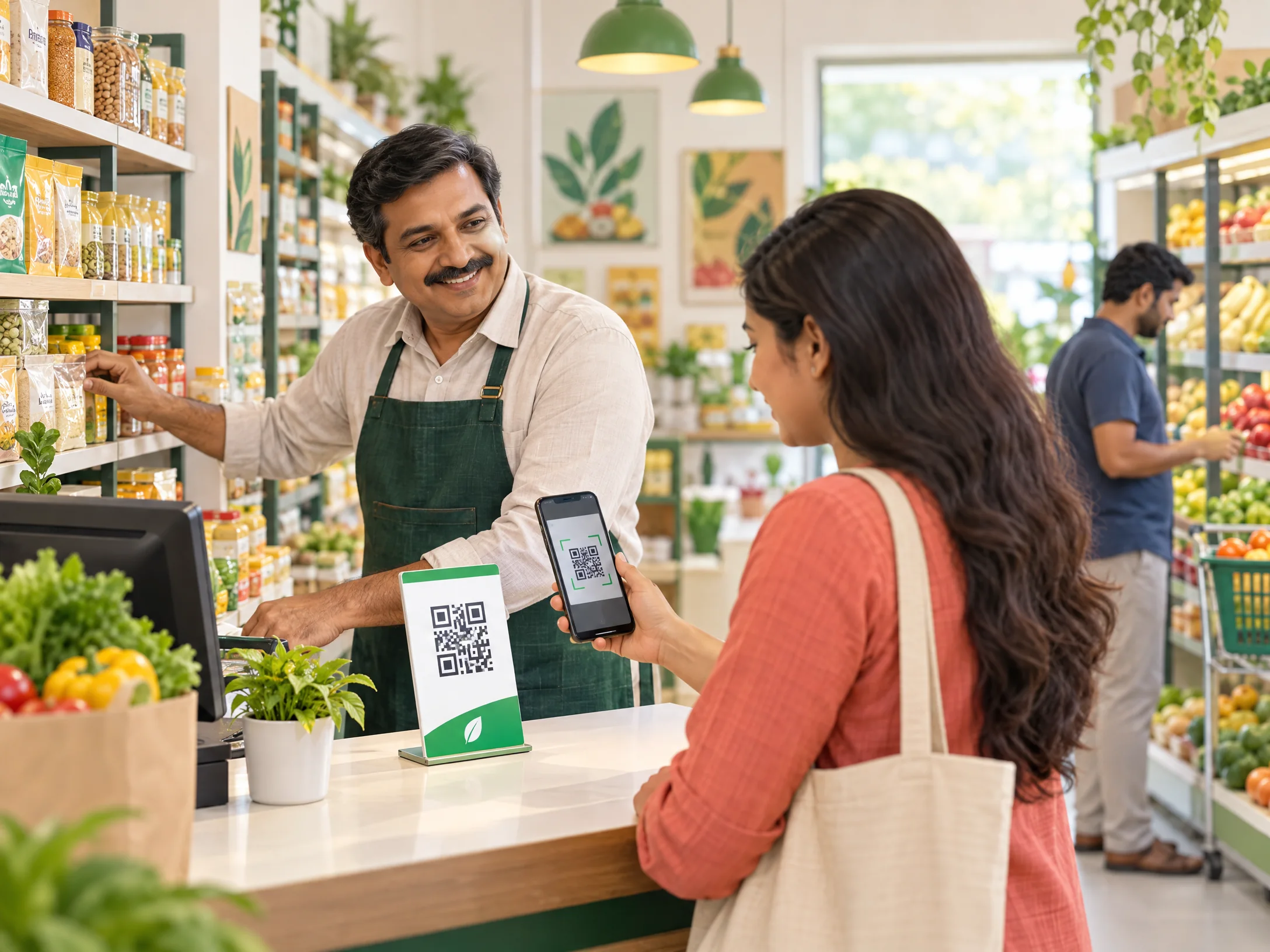 A supermarket owner introduces a simple QR-based pilot to a shopper