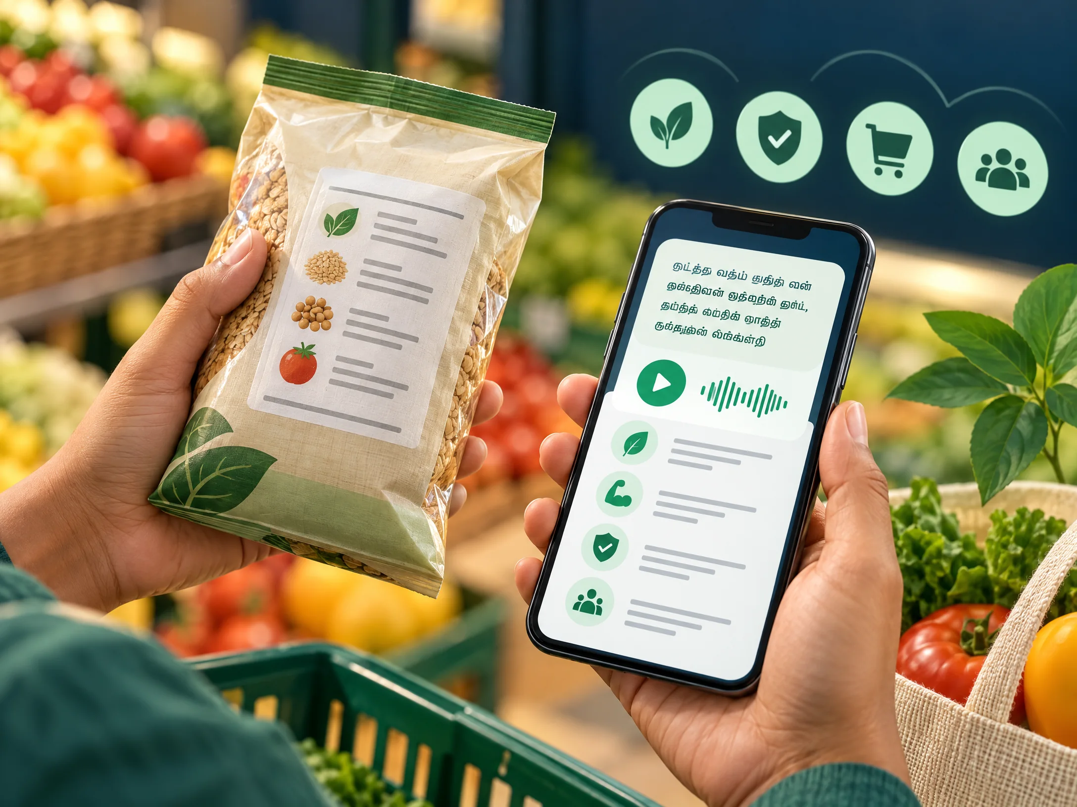 A shopper looks at food packaging with a phone ready to explain the label